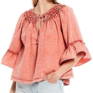 FREE PEOPLE Ladies S Ainsley Denim Pink Ruffled Bell Sleeve Blouse